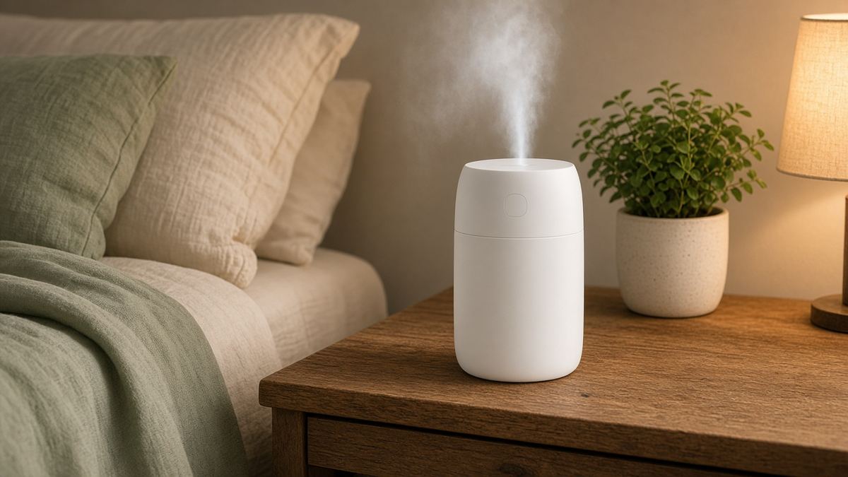 Белый увлажнитель воздуха на прикроватной тумбочке в спальне